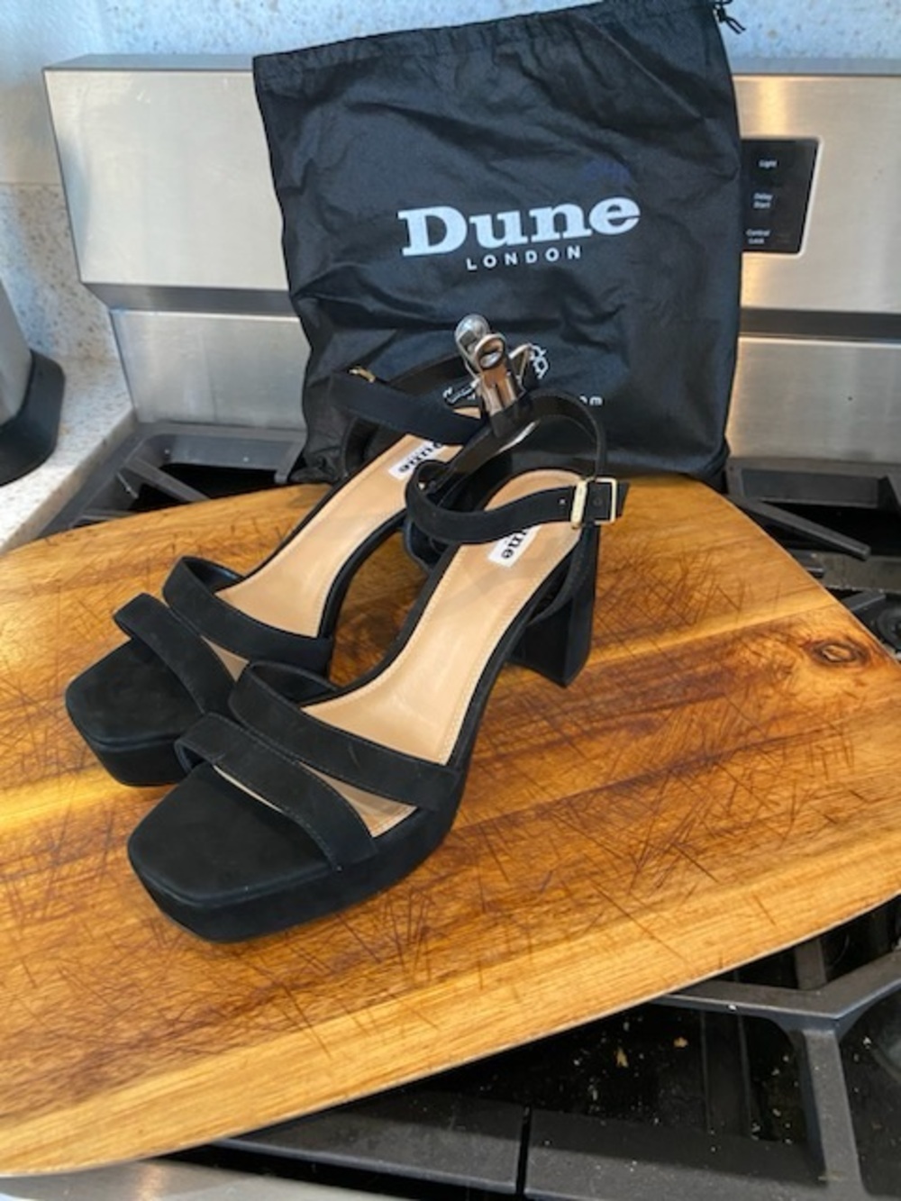 Dune London Manifesting Black Suede Block Heel Platform Sandals Dust Bag 41 10